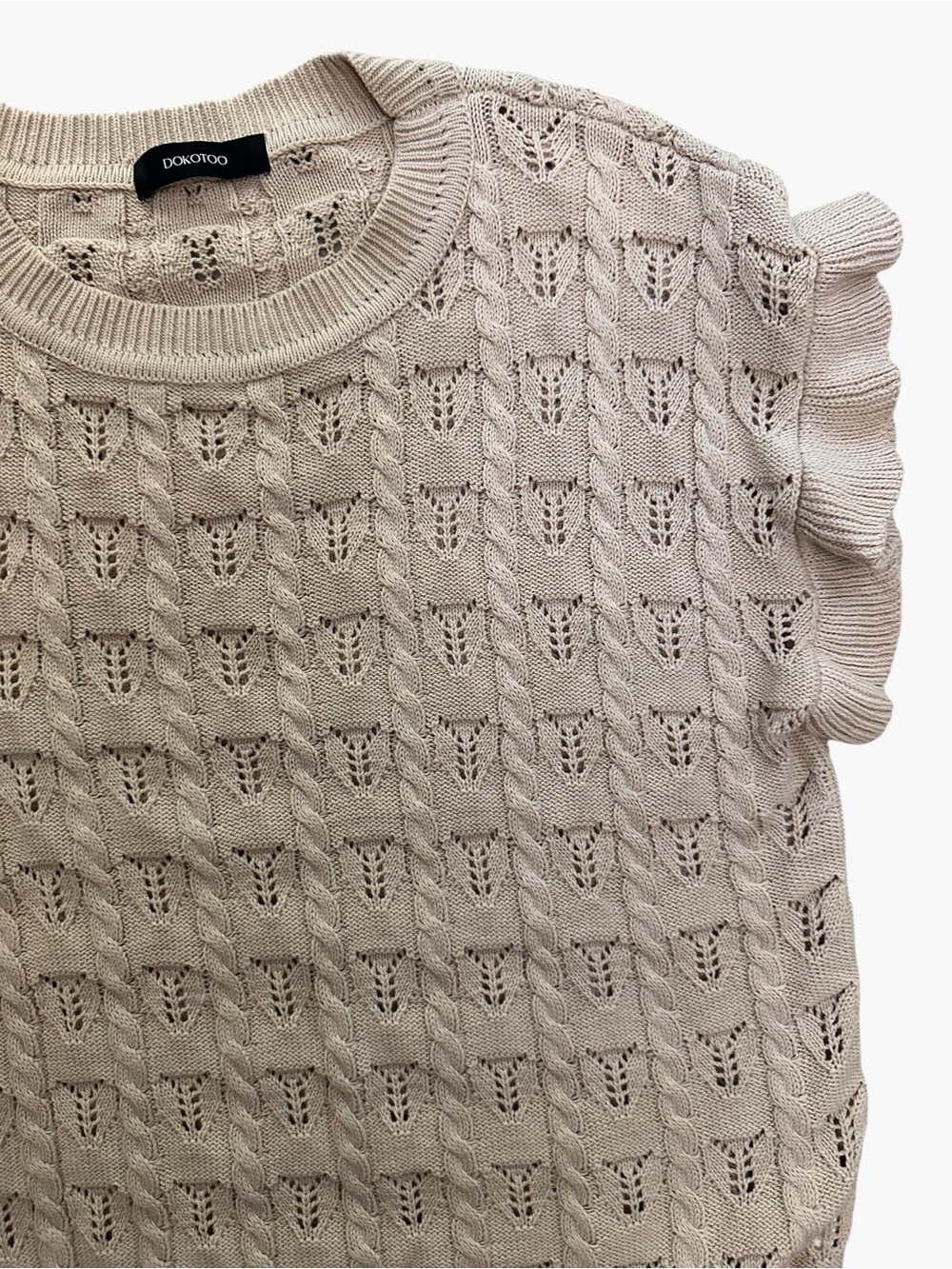 Beige Cable Knit Ruffle Sleeve Sweater Vest Top Size M - Picture 4 of 6